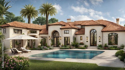 a Mediterranean-inspired villa with terracotta tiles, wrought iron details, and lush landscaping.
