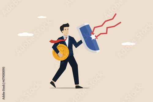 Future wealth management, inflation protection from stock market crash, market decline concept, businessman investor holding shield to protect from red arrow bow.