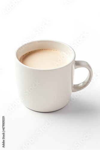 Mug of hot milk on white background