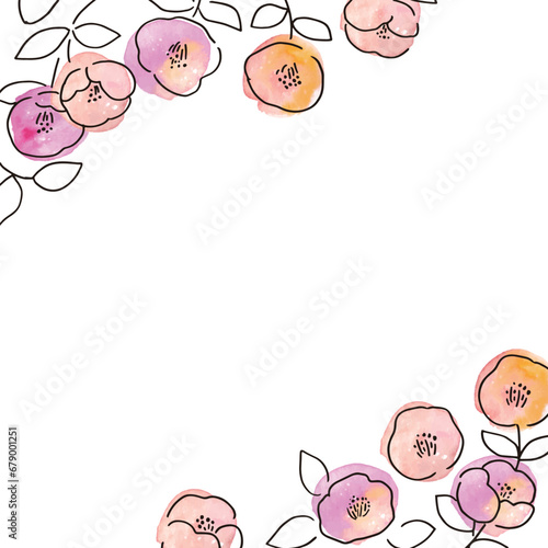 椿の花フレーム。年賀状に使える椿の和風素材。シンプルな椿の線画イラスト。Camellia flower frame. Japanese-style camellia material for New Year's cards. Simple line drawing of camellia. © necomammma