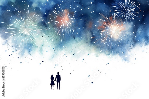 Silhouette of a man and woman holding hands watching fireworks on a romantic date, minimalist holiday celebration watercolor painting (New Year's Eve, Christmas, Fourth of July/Independence Day) photo