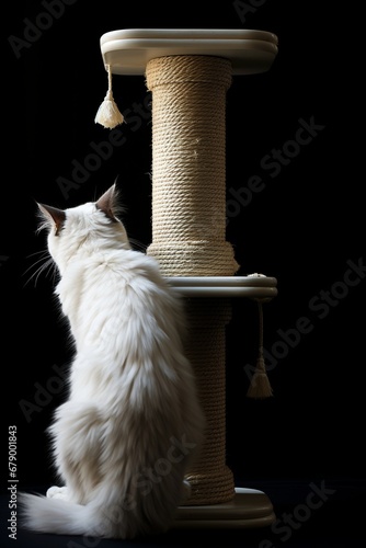 Gato blanco mirando un rascador con curiosidad. Juguete para gatos photo
