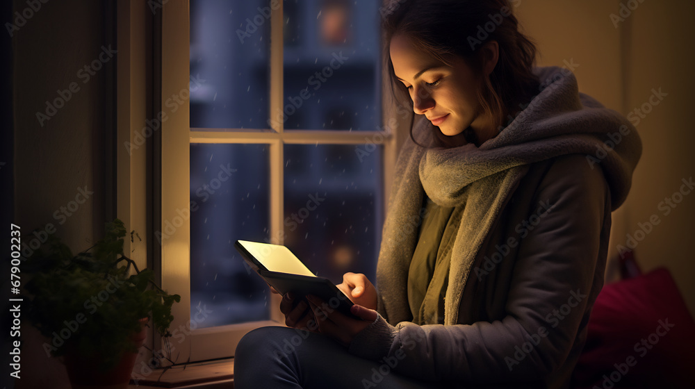 Happy young woman using a smartphone relaxing at living room on sofa nearby window with city light at night Happy young woman using a smartphone relaxing at living room on sofa nearby window with city light at night