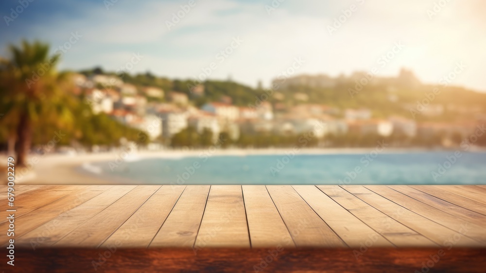 The empty wooden brown table top with blur background of seaside resort. Exuberant image. generative AI - obrazy, fototapety, plakaty 