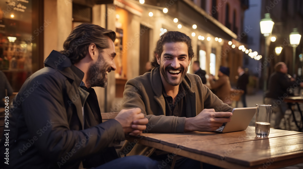 Happy two man laughing siting in outdoor restaurant at night