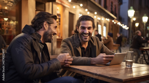 Happy two man laughing siting in outdoor restaurant at night