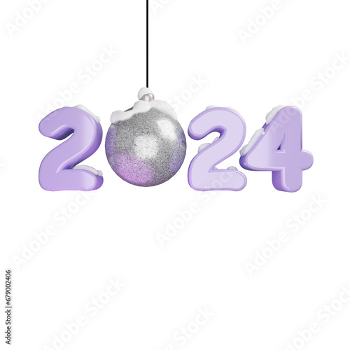 happy new year 2024 numbers Along with the pastel New Year's balls, there is snow representing winter. 3d illustration