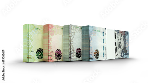 3d rendering of Stacks of Saudi Riyal notes in various denominations. bundles of currency notes isolated on transparent background photo