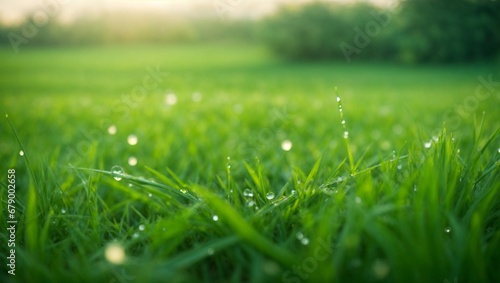 Close up of fresh thick grass with water drops 