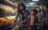 Indian woman shopping in grocery store with her kid