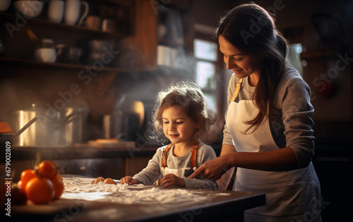 Adorable little girl making pancakes with mom in kitchen