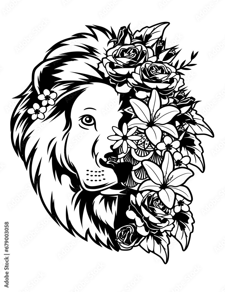 Floral Lion Illustration, Safari Animal Clipart, Cute Lion Head Vector