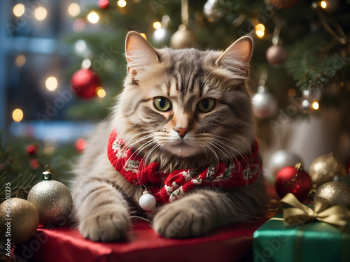 A cat wearing Christmas themed clothes