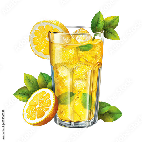 Iced Lemonade with Lemon Slice Isolated on Transparent or White Background, PNG photo