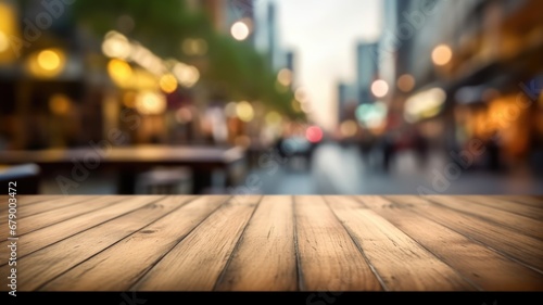 The empty wooden table top with blur background of street in downtown business district with people walking. Exuberant image. generative AI