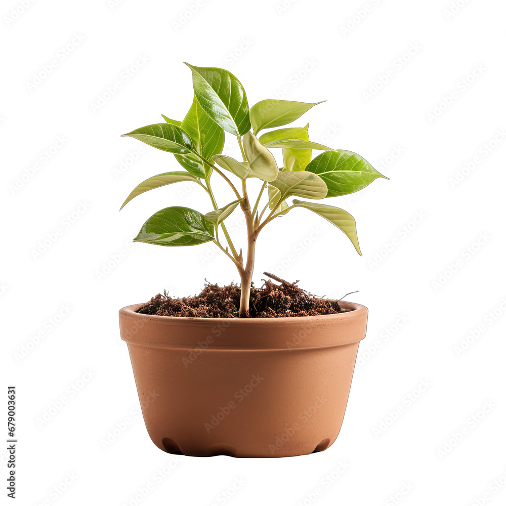 Young Sapling in Clay Pot Isolated on Transparent or White Background, PNG Young Sapling in Clay Pot Isolated on Transparent or White Background, PNG