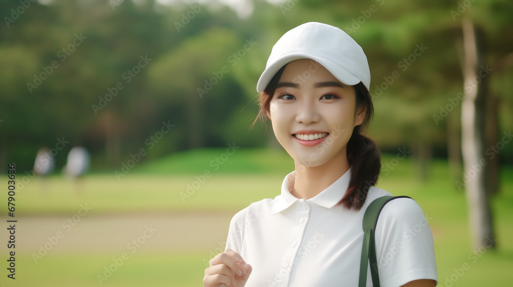 Portrait of asian female golfer smiling and standing with golf club outdoors. Portrait of asian female golfer smiling and standing with golf club outdoors.