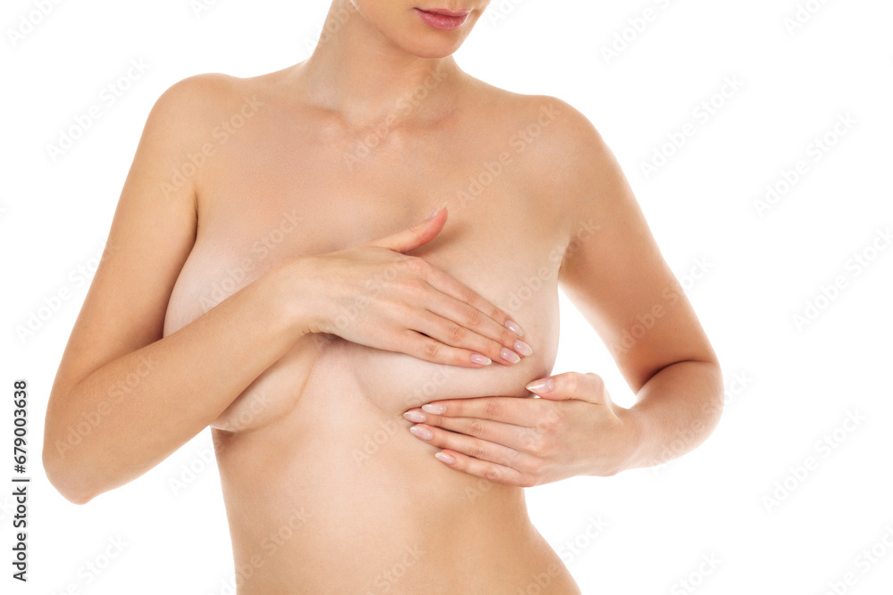 Fototapeta premium Woman controlling her breast for cancer, isolated on white background
