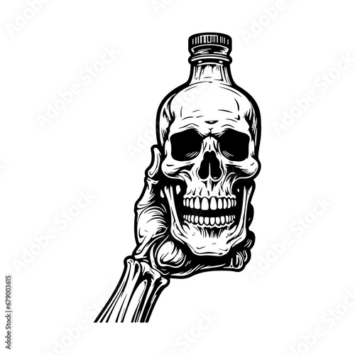 bottle of poison,Skeleton with beer glass with splashes foam for bar emblem or drink print. Brewery logo design with skull, mugs and skeleton hands for craft shop or screen printing.