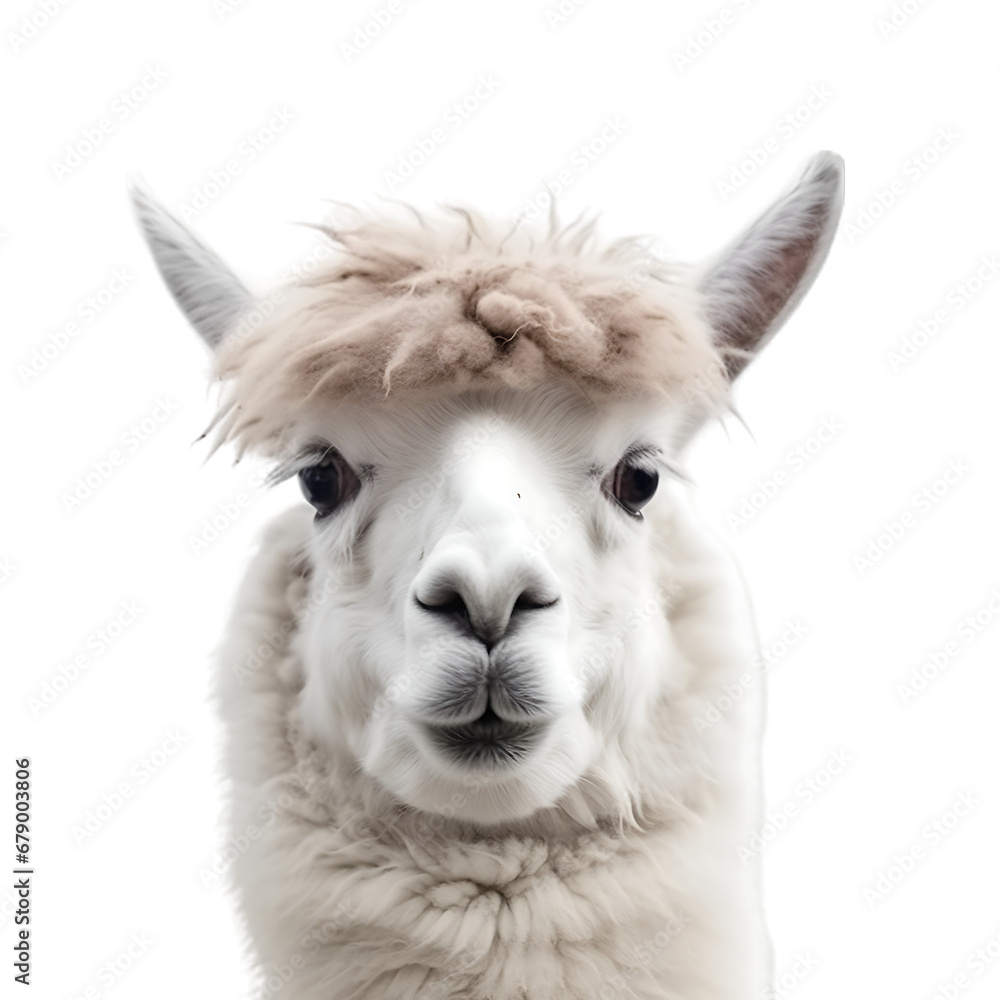 Obraz premium Front view, white llama staring at the camera, close up shot.