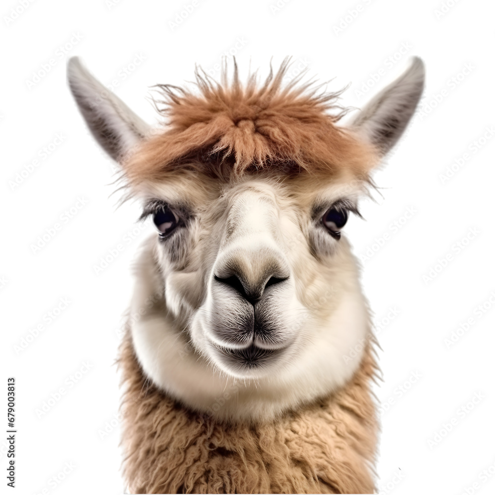 Portrait of brown llama, close up shot, isolated on transparent background. 