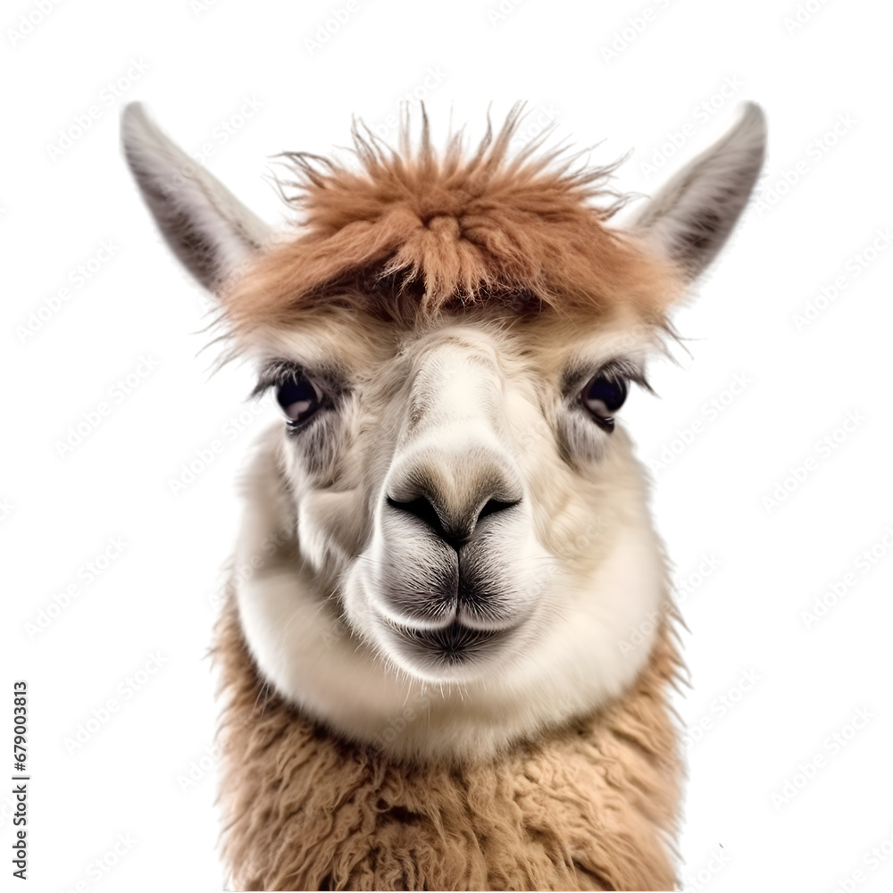 Fototapeta premium Portrait of brown llama, close up shot, isolated on transparent background. 