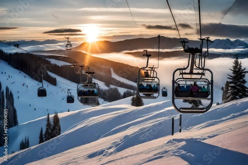 Chairlift going up to the top of a ski resort during a sunny and cloudy winter sunset photo