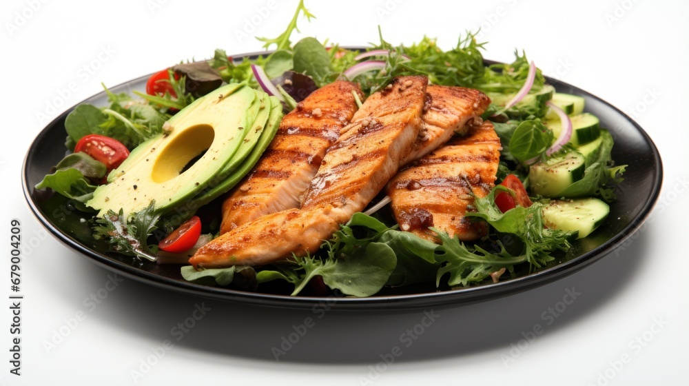 A plate of chicken, avocado, tomatoes, and lettuce