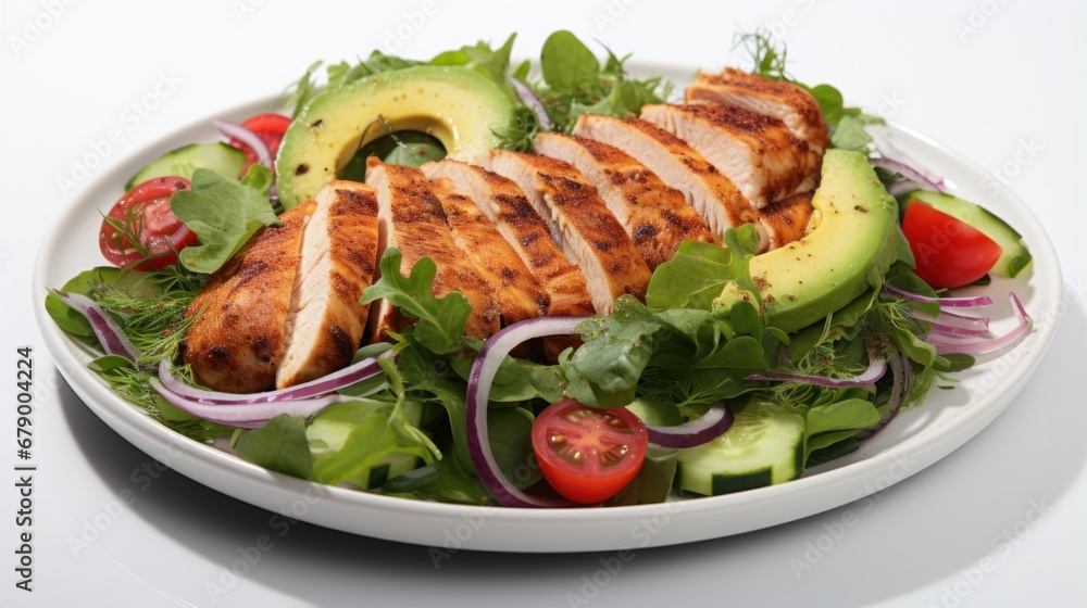 A salad with chicken and avocado on a white plate A salad with chicken and avocado on a white plate