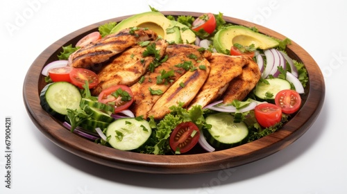 A salad with chicken, cucumbers, tomatoes, onions and lettuce