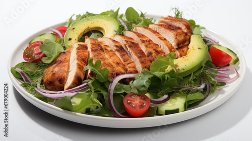 A salad with chicken and avocado on a white plate