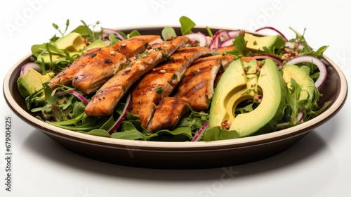 A plate of chicken and avocado salad with dressing