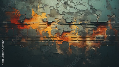 Vibrant urban street art reflection on damaged wall photo