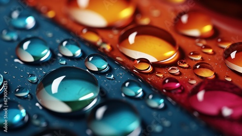 Glistening raindrops reflecting vibrant colors on clean surface photo
