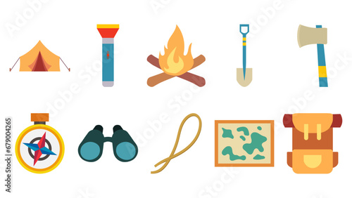 Camping equipment illustration. Bag, maps, flashlight, campfire, compass, and camping stuff. Vector illustration.