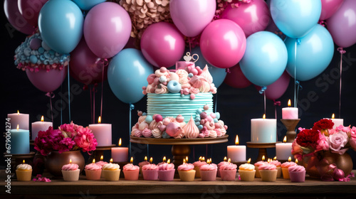 Colorful balloon and birthday cake with candle for celebration event