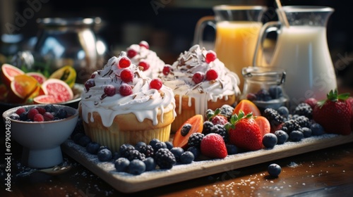 Cupcakes with frosting and fruit on a tray