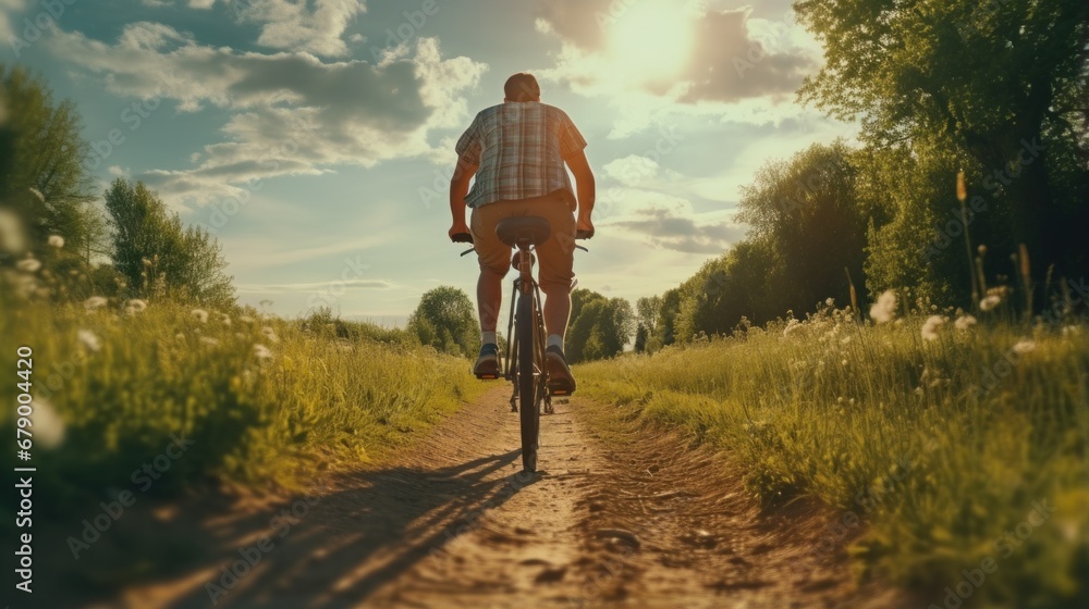 A man riding a bike down a dirt road - obrazy, fototapety, plakaty 