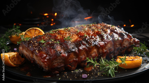 BBQ ribs, dramatic studio lighting and shollow depth of field photo