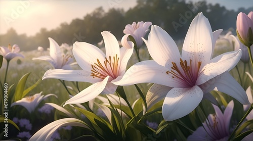 Beautiful white Lily flowers field floral bloom background  Generative AI