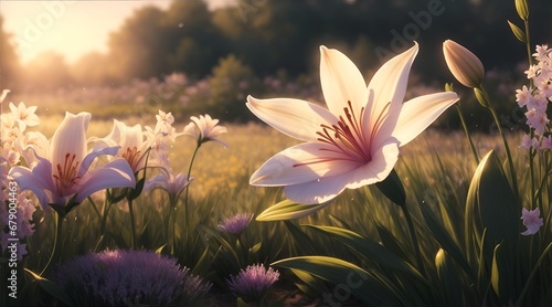 Beautiful white Lily flowers field floral bloom background, Generative AI #679004463