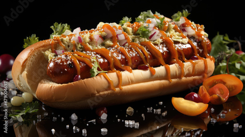 hot dog with ketchup and mayonnaise, dramatic studio lighting and shollow depth of field