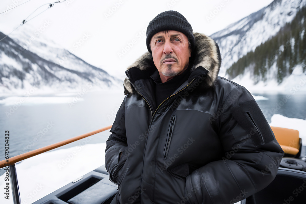 Mature man in jacket stands on boat in the winter in the arctic Mature man in jacket stands on boat in the winter in the arctic