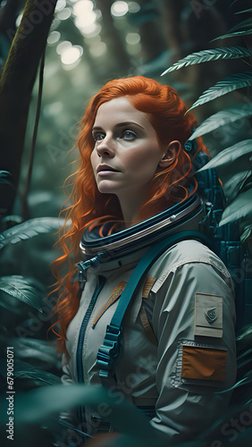 A young female astronaut missing in a jungle