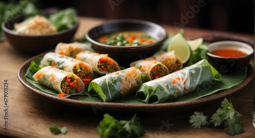 Spring rolls on plate with dipping sauce