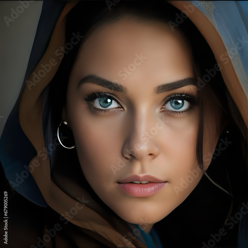 Wonderful girl with dark hair, with a veil on her head and blue eyes