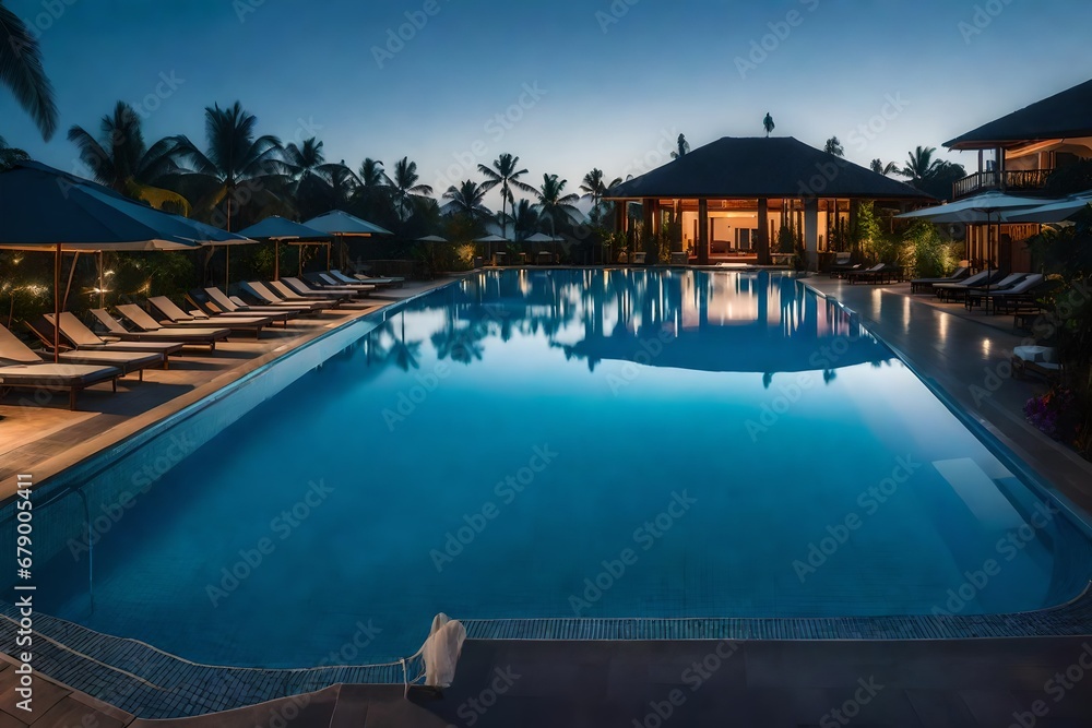 A resort swimming pool at twilight
