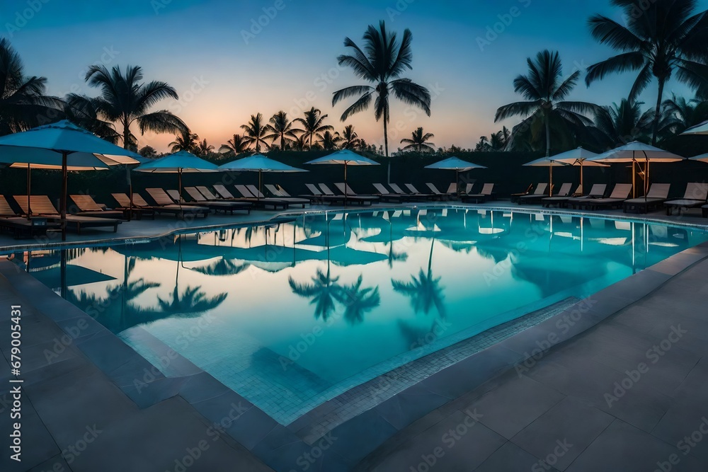 A resort swimming pool at twilight