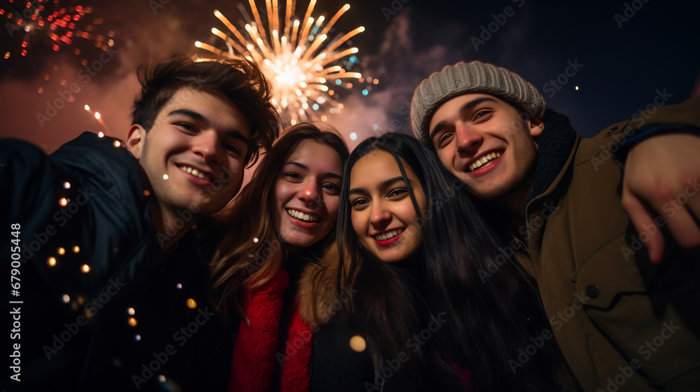 Portrait of happy group of people friends with a huge fireworks in the background