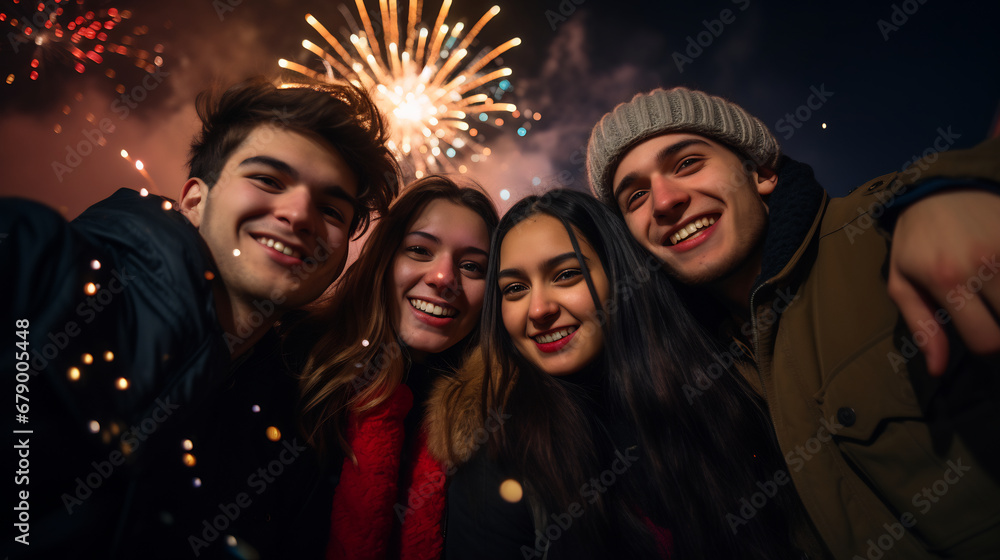 Portrait of happy group of people friends with a huge fireworks in the background Portrait of happy group of people friends with a huge fireworks in the background